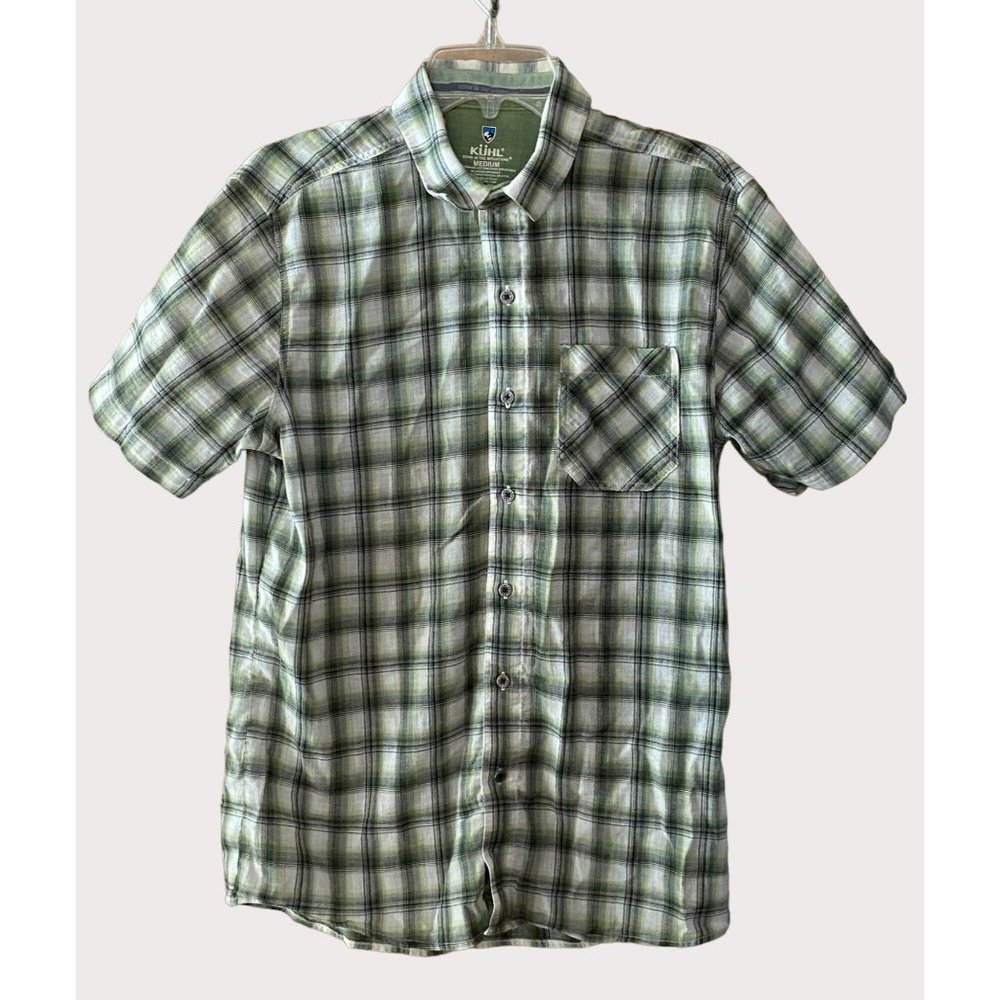Kuhl Men's Medium Short Sleeve Button Front Plaid Hiking Shirt Green White Black